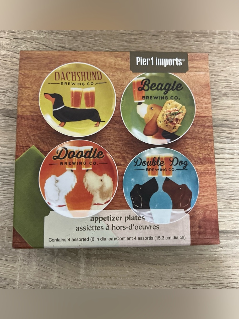 Set of 4 Pier 1 Imports Dog Brewing Co Appetizer Plates Doodle Dachshund Beagle
